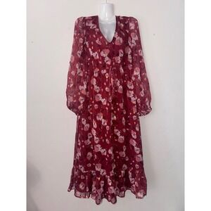 Floral Midi Dress Long Sleeve V Neck Ruffle Hem Burgundy‎ M